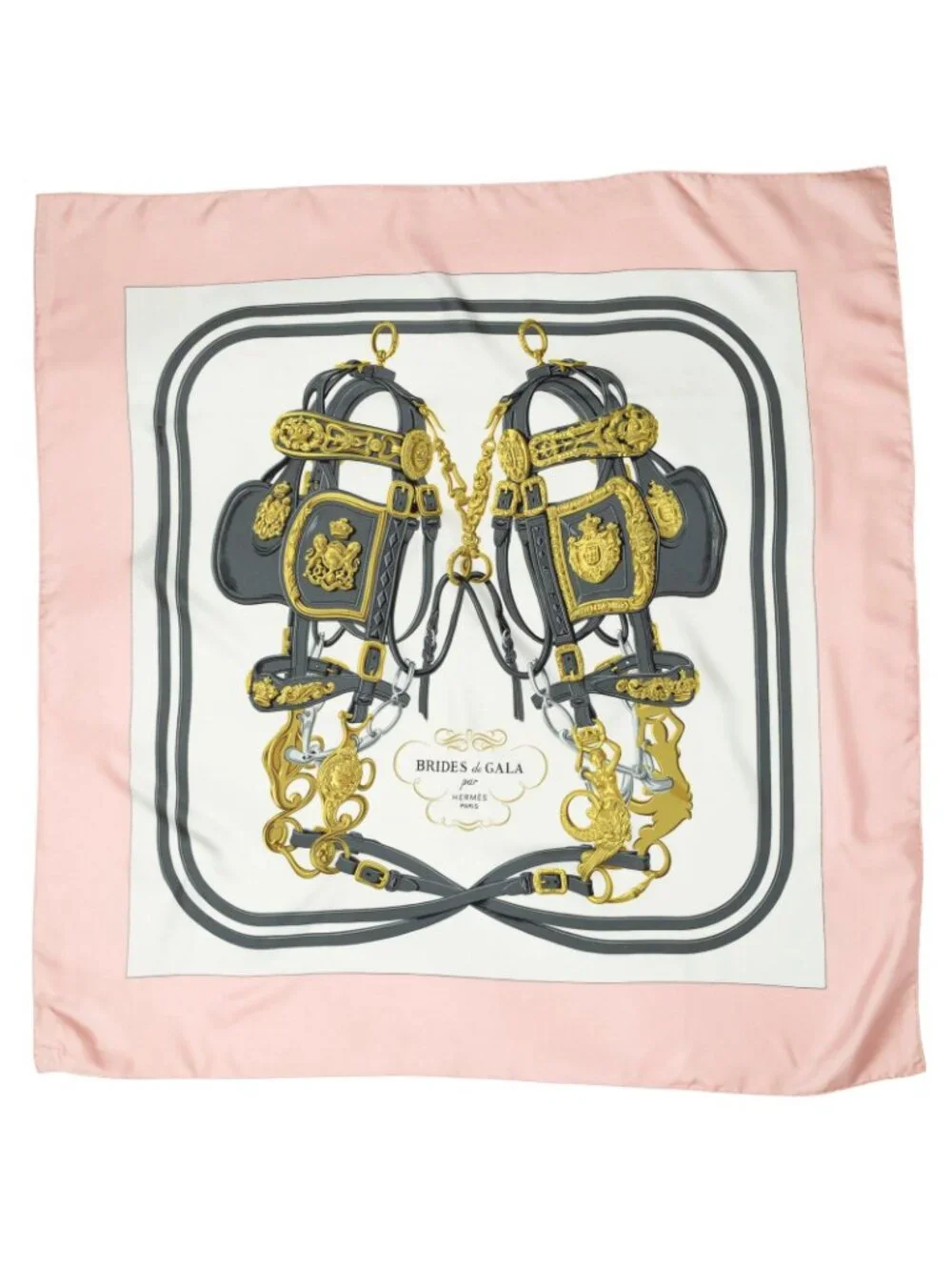 Hermes Scarf Pink Gray Gold 100 % Twill Silk